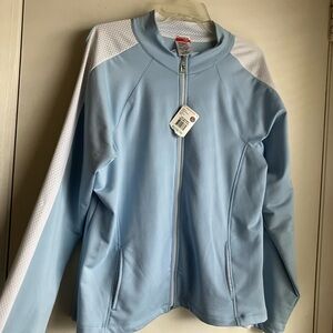 Danskin Now Women’s XL Zip-Up Jacket Celestial Blue & White Poly Tech Mesh NWT